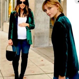 Anthro Cartonnier Velvet Long Blazer Jacket Black Satin Lapel Green